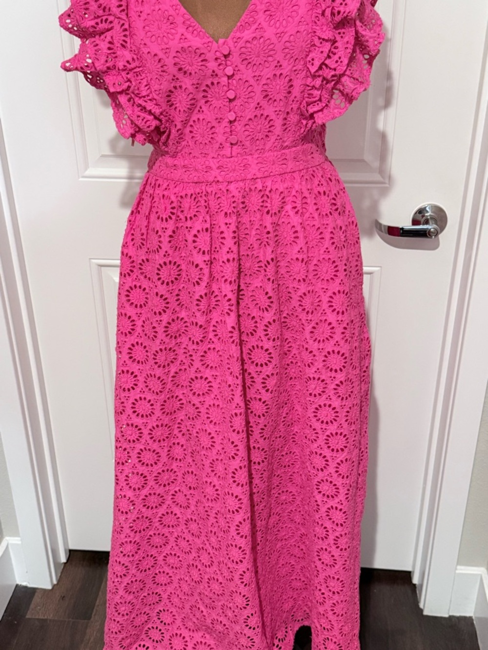 NWT J.Crew Pink Eyelet Midi Dress Ruffle Sleeve Button Front Summer Dress - Picture 4 of 15
